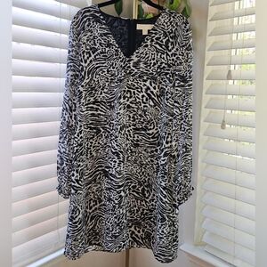 Michael Kors Black and White Animal Print Long Sleeve Dress